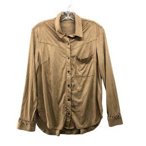 Pimkie Western Shirt Womens S Faux Suede Tan Brown Long Sleeve Snap Button